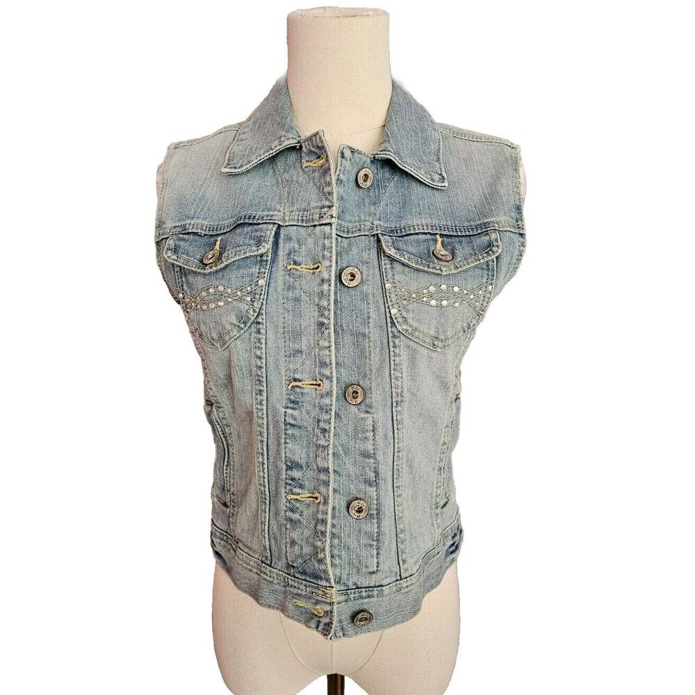 Women’s Light Blue‎ Stretch Denim Jean Vest Rhinestone Small XS